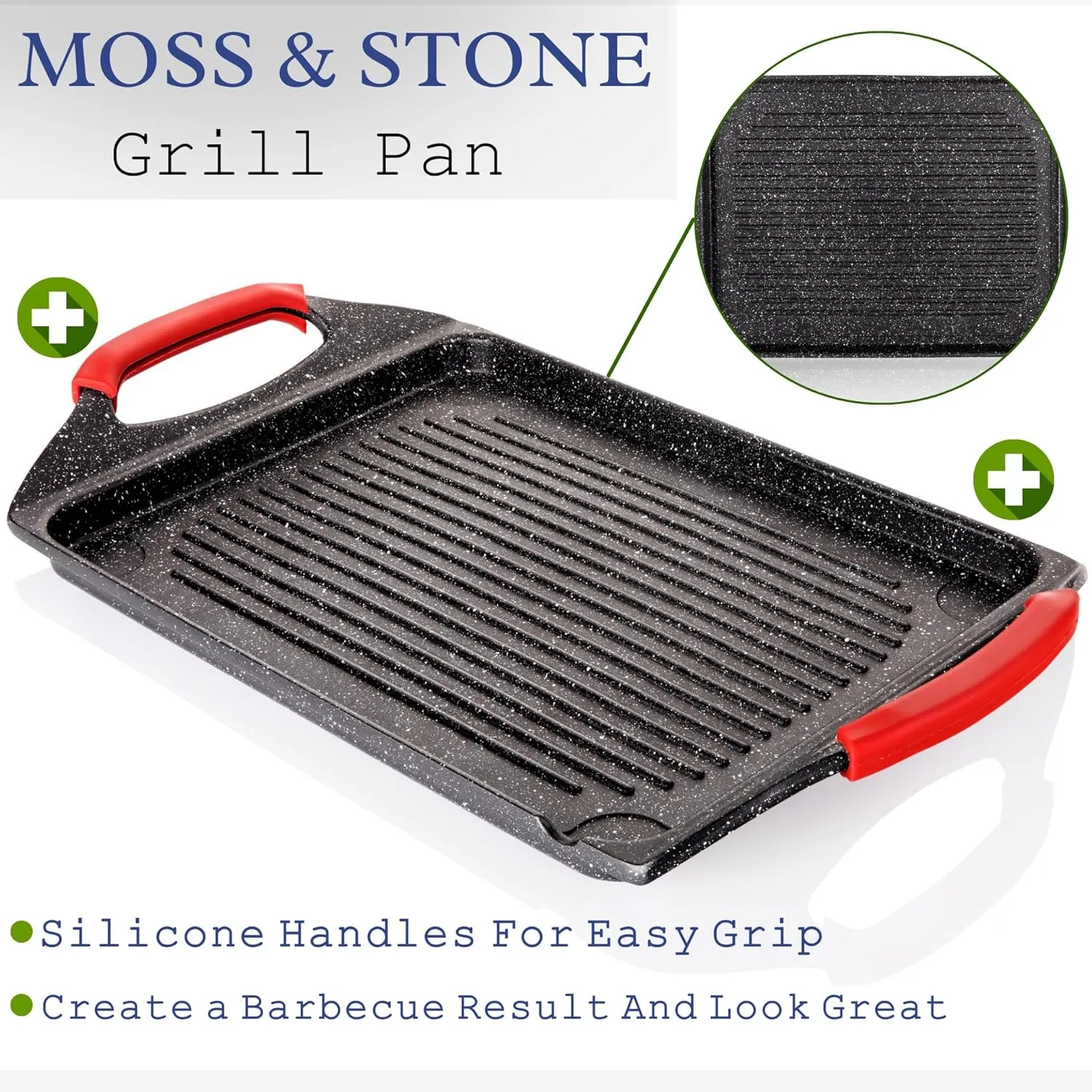 Moss & Stone Aluminum BBQ Griddle, 18x10.5" Rectangle Grill Pan for Indoor Cooking, Non-stick Flat Top Grill for Fish, Vegetables & Steak