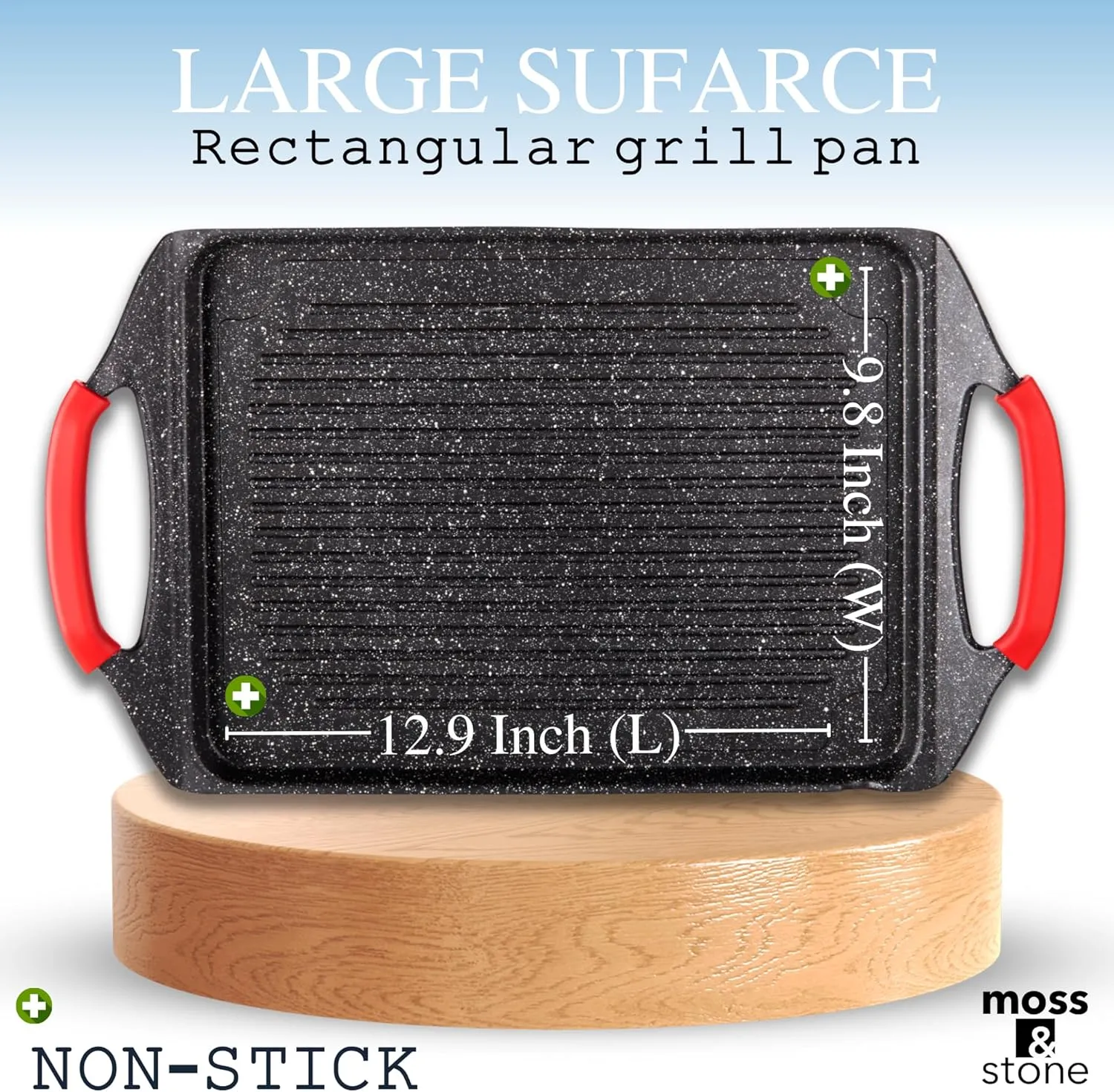 Moss & Stone Aluminum BBQ Griddle, 18x10.5" Rectangle Grill Pan for Indoor Cooking, Non-stick Flat Top Grill for Fish, Vegetables & Steak