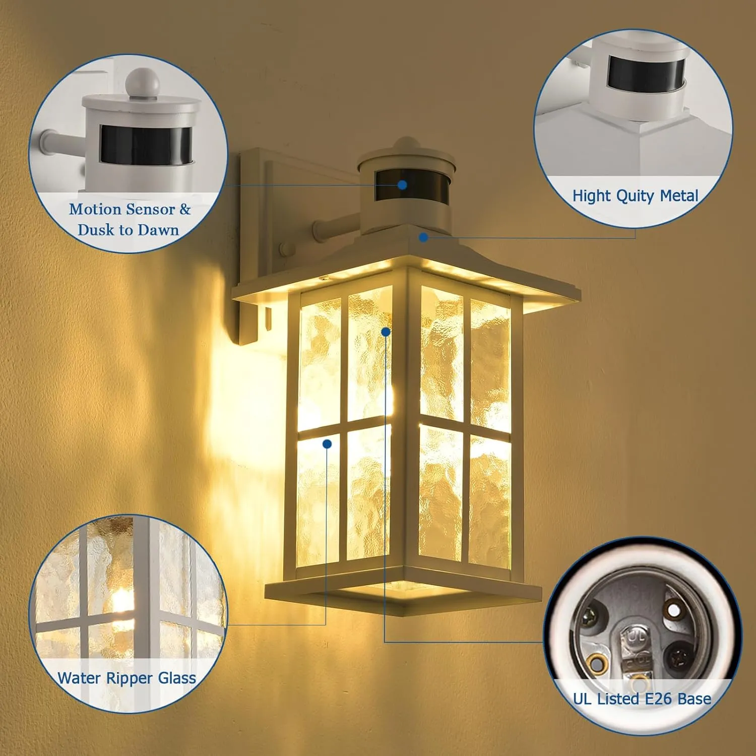 Motion Sensor Outdoor Wall Light Fixtures Dusk to Dawn Exterior Porch Lantern White Outside Sconce Lighting Rustic Wall Mount Lamp with Water Ripple Glass for House Garage Patio Entryway