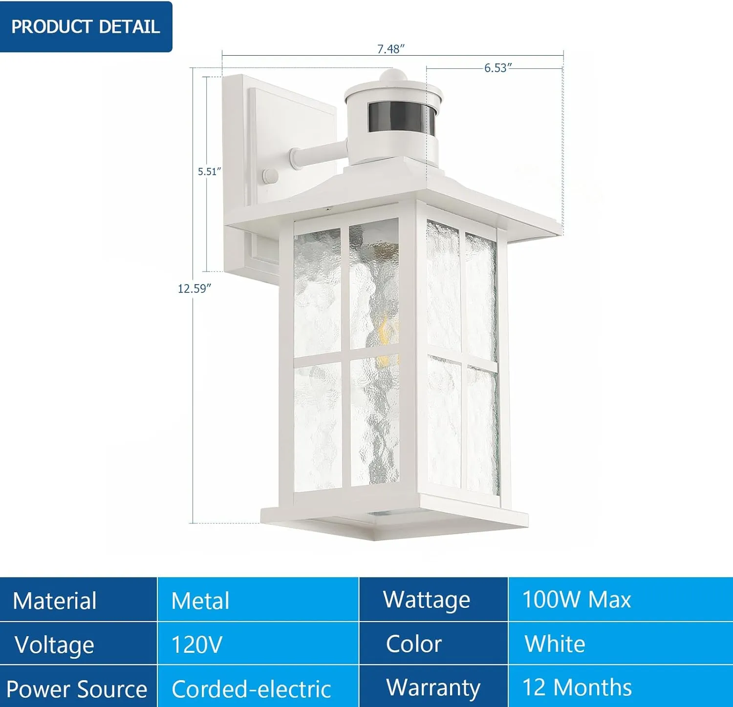 Motion Sensor Outdoor Wall Light Fixtures Dusk to Dawn Exterior Porch Lantern White Outside Sconce Lighting Rustic Wall Mount Lamp with Water Ripple Glass for House Garage Patio Entryway