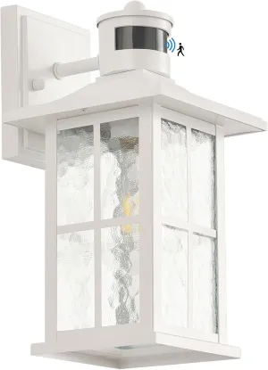 Motion Sensor Outdoor Wall Light Fixtures Dusk to Dawn Exterior Porch Lantern White Outside Sconce Lighting Rustic Wall Mount Lamp with Water Ripple Glass for House Garage Patio Entryway