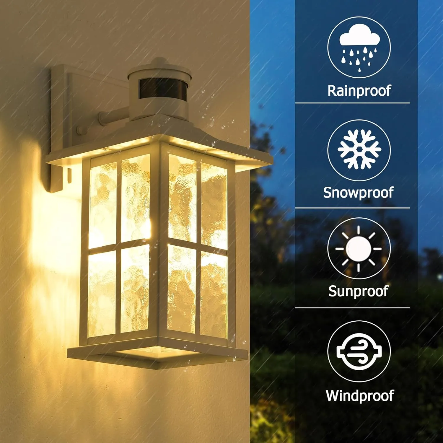 Motion Sensor Outdoor Wall Light Fixtures Dusk to Dawn Exterior Porch Lantern White Outside Sconce Lighting Rustic Wall Mount Lamp with Water Ripple Glass for House Garage Patio Entryway