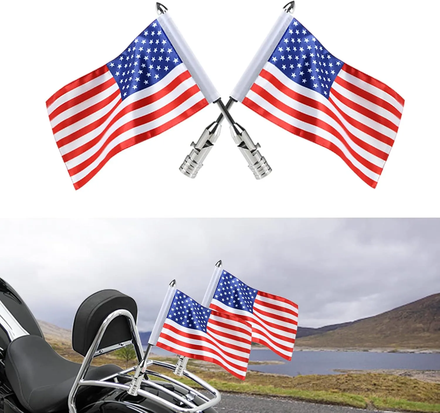 Motorcycle Folding Flagpole Mounts Red American Flag for Harley Road King Golding 1/2 Luggage Rack Foldable 90 Degree Pole