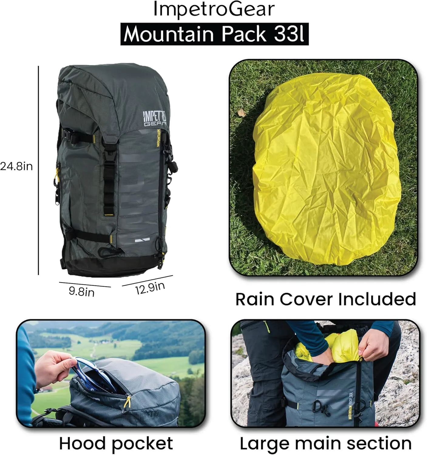 Mountain Backpack for Men and Women - Lightweight Hiking Backpack with Mesh Pocket, Hood Pocket - Outdoor Backpack for Traveling and Camping - Camping Backpack with Detachable Water Bladder