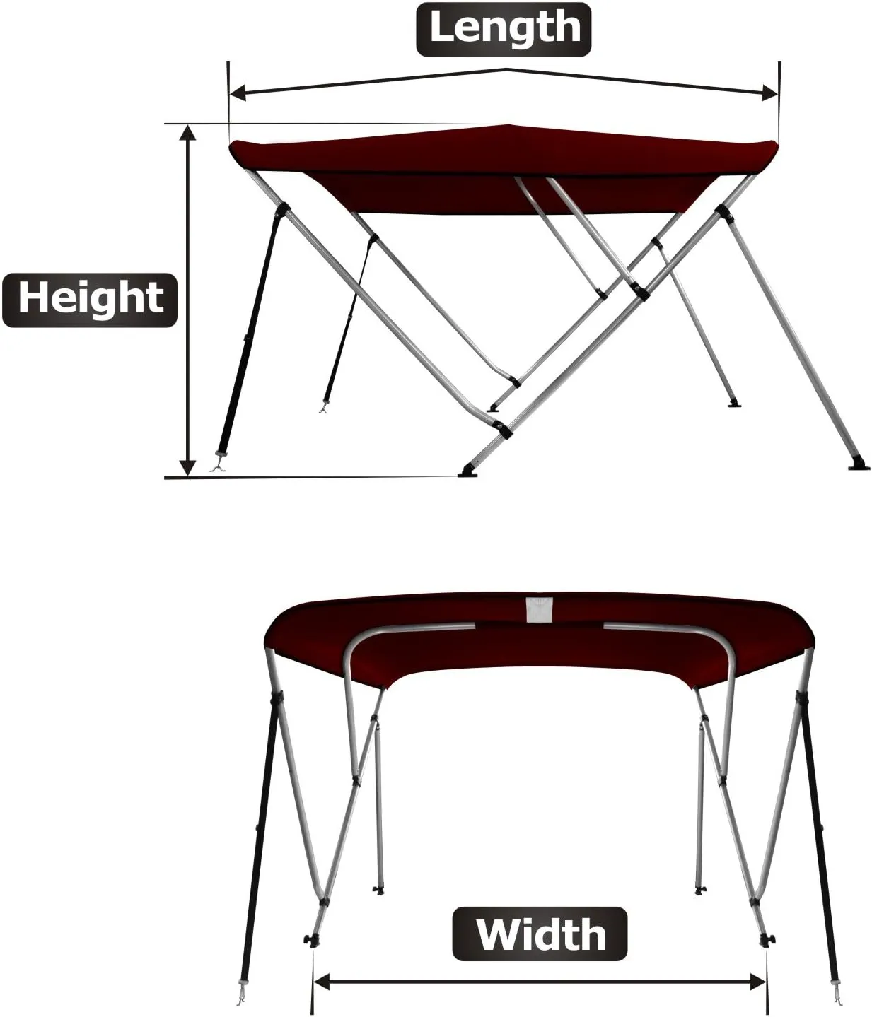 MSC 3 Bow 4 Bow Bimini Top Boat Cover,600D Solution Dyed Polyester,2 Support Poles& 4 Adjustable Straps Included