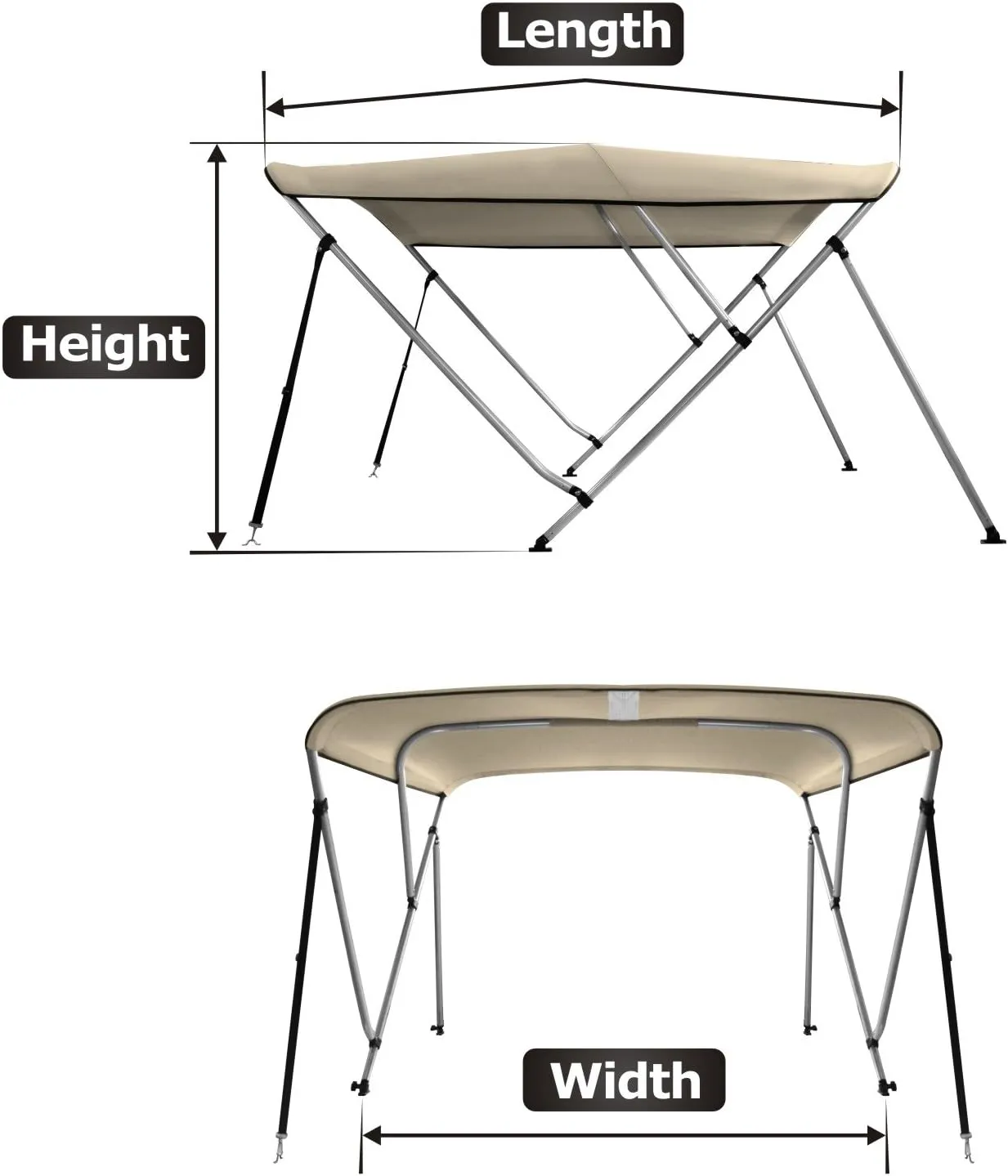 MSC 3 Bow 4 Bow Bimini Top Boat Cover,600D Solution Dyed Polyester,2 Support Poles& 4 Adjustable Straps Included