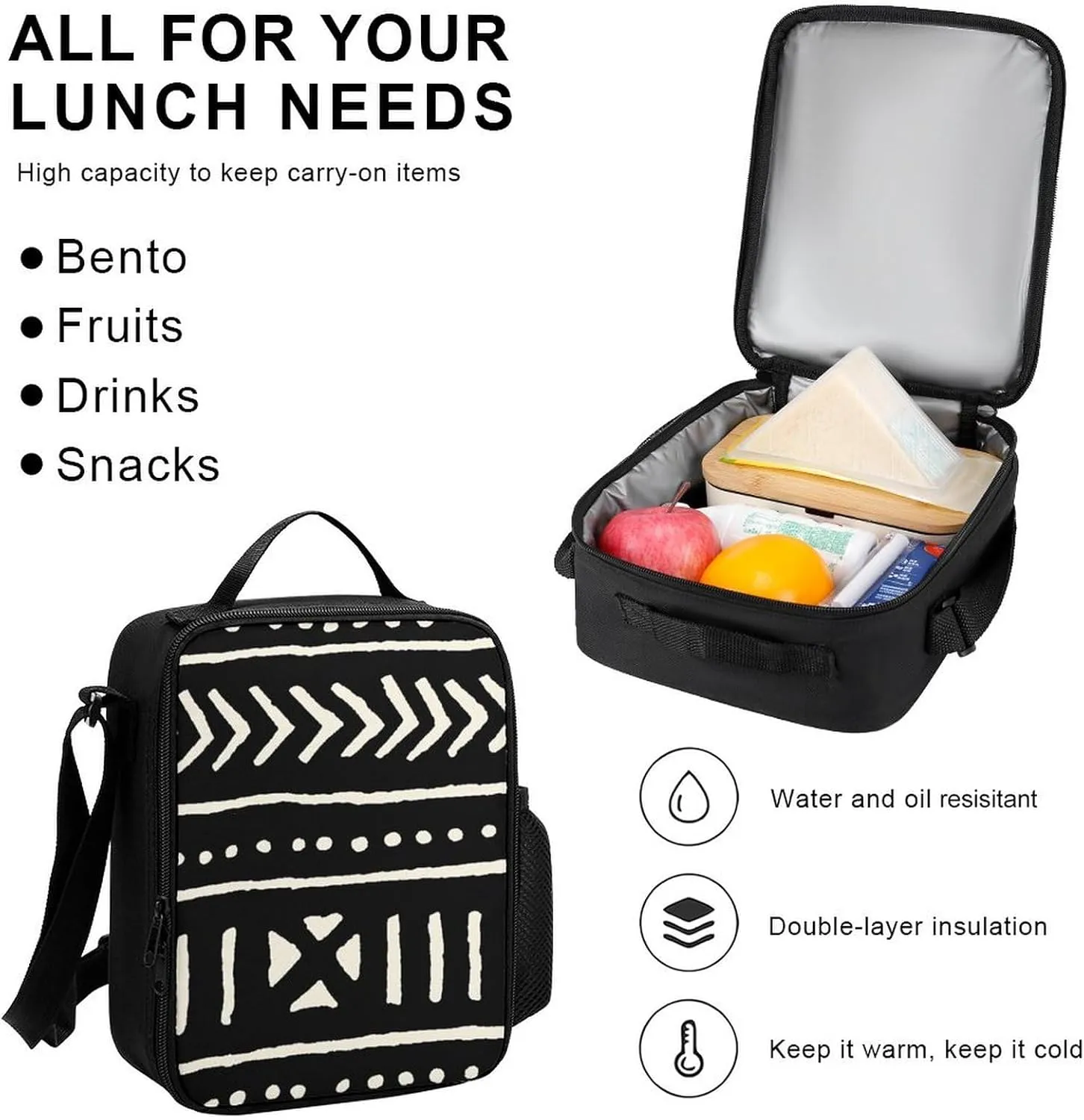 Mud Cloth Black And White Lightweight Pocket Backpack Crossbody Lunch Bag Set Unisex