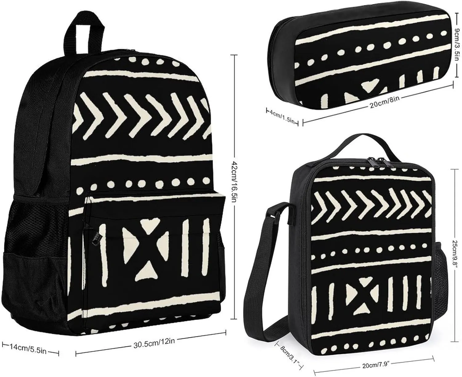 Mud Cloth Black And White Lightweight Pocket Backpack Crossbody Lunch Bag Set Unisex
