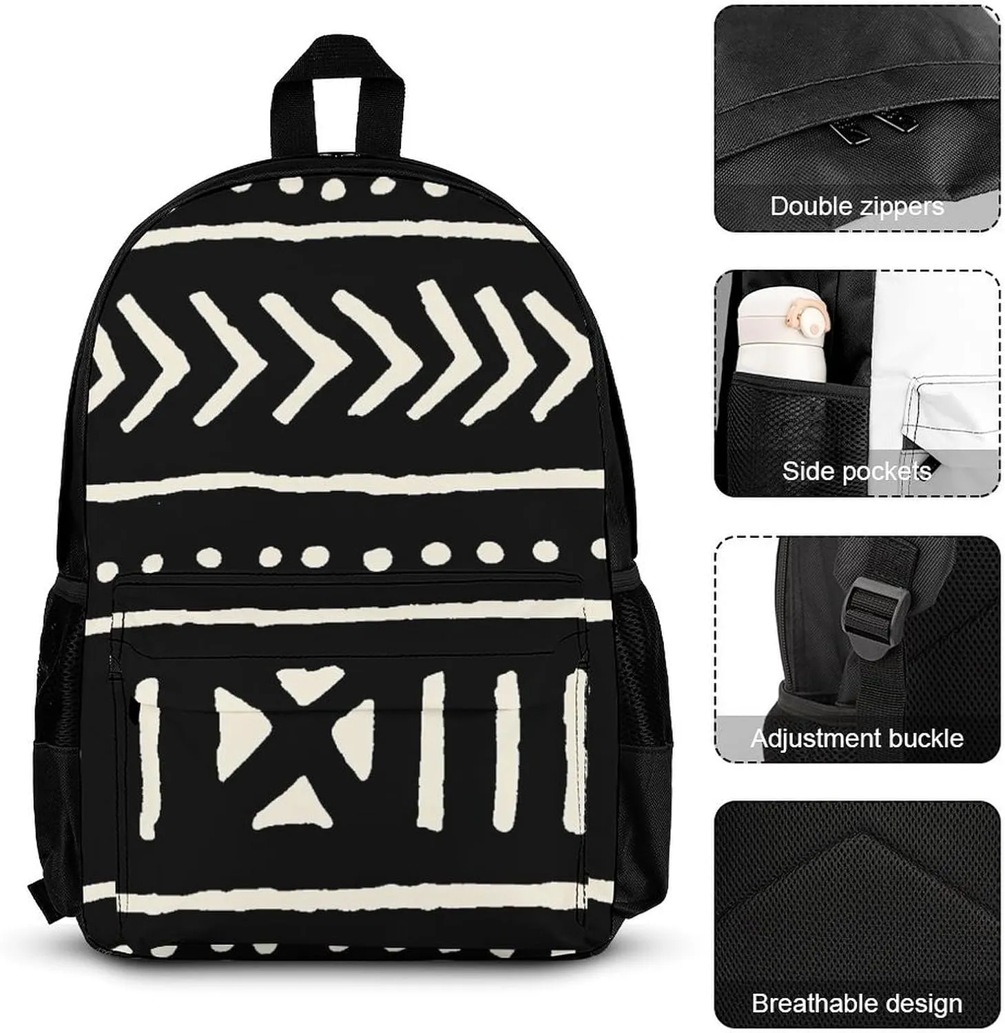 Mud Cloth Black And White Lightweight Pocket Backpack Crossbody Lunch Bag Set Unisex