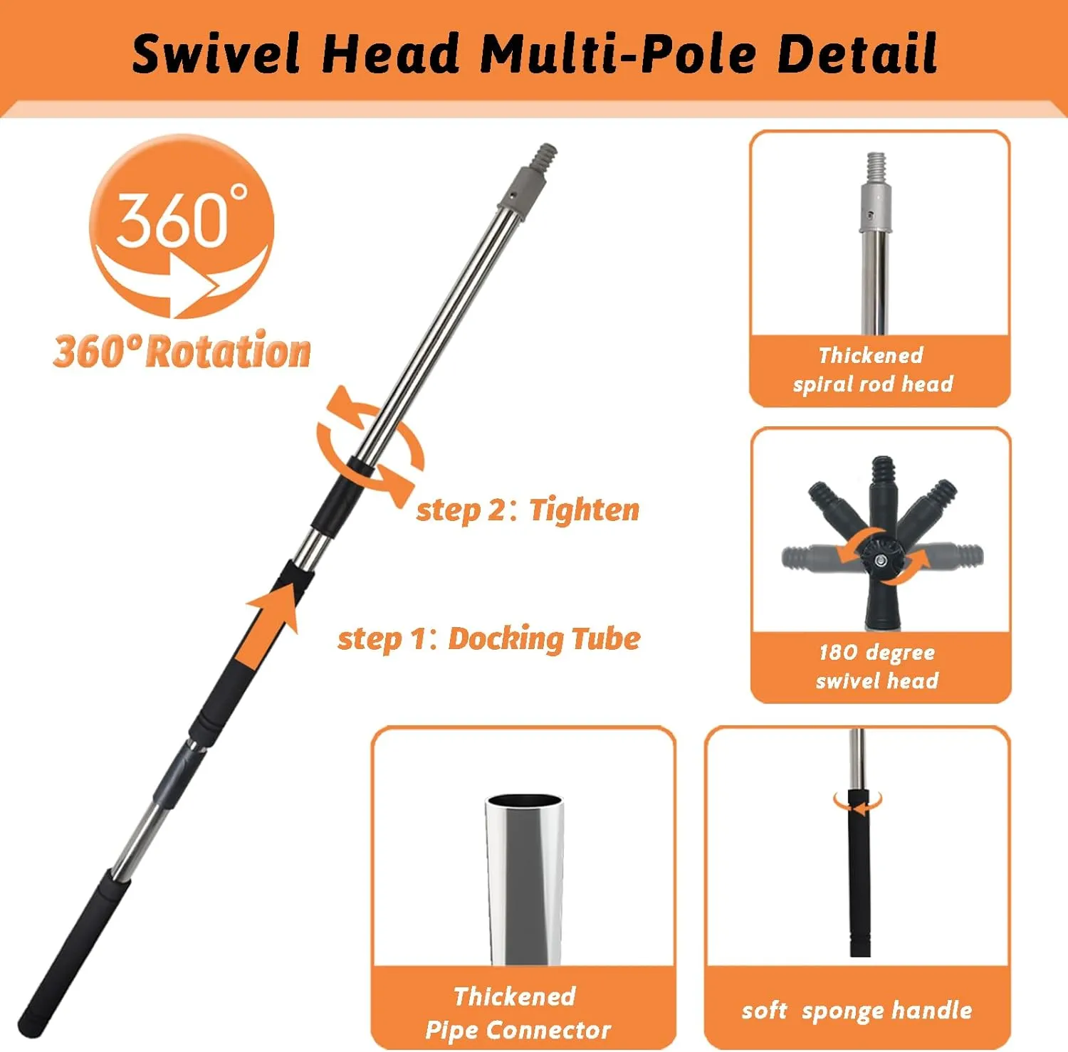 Multi-Purpose Splice Extension Pole, 2Feet-11Feet Paint Roller Pole Long Handle with 180 Degree Swivel Head Window Squeegee Gutter Cleaning Tools Extendable Pole with Sponge Sturdy Durable