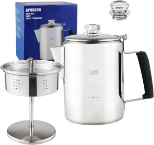 Multi Use Percolator Coffee Pot Stainless Steel Stove Top Coffee Maker with Two Borosilicate Glass Knob Silica Handle Camping Coffee Pot Using on Campfire Stove & Induction Cooker Silver 9 Cup