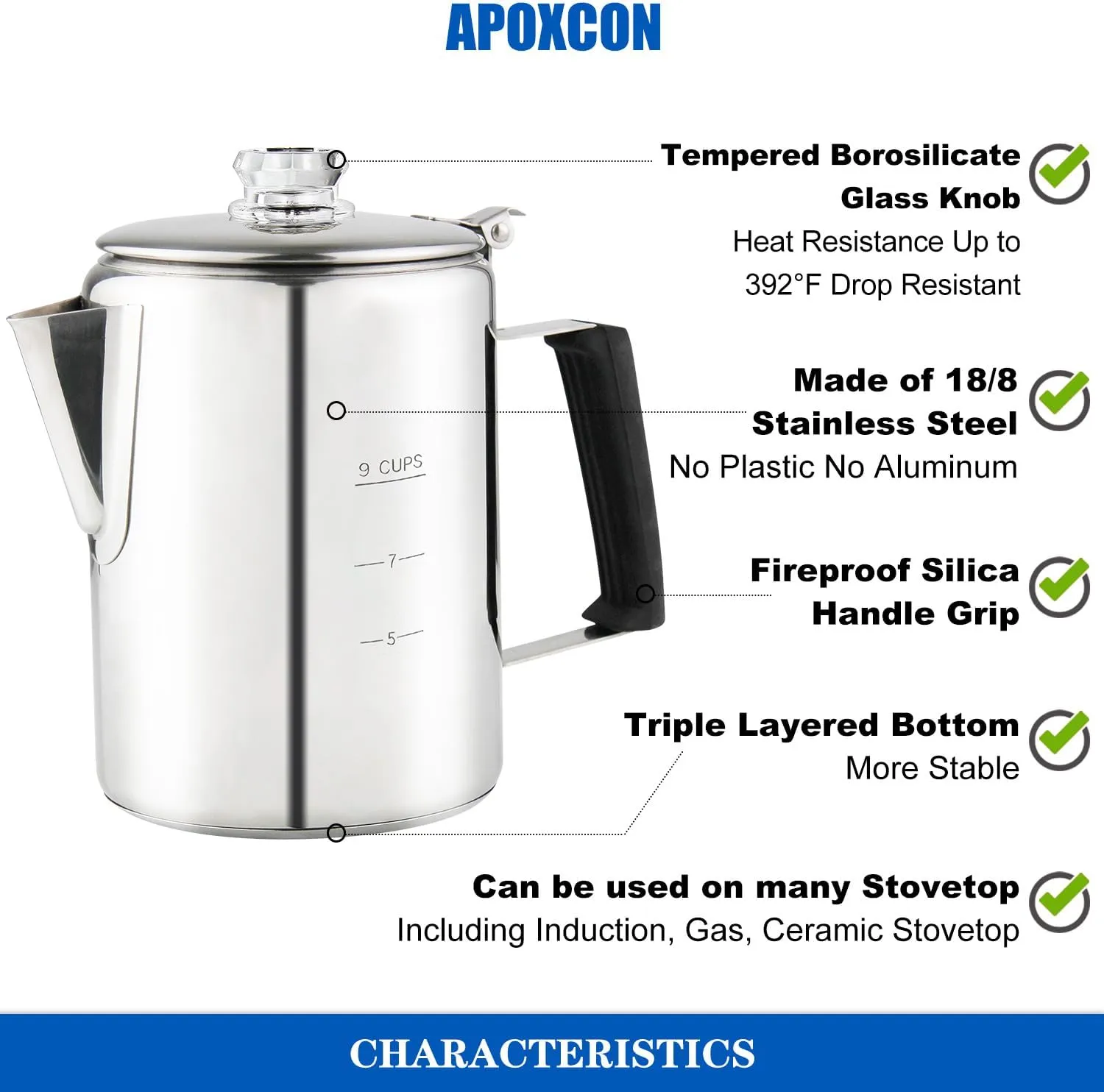 Multi Use Percolator Coffee Pot Stainless Steel Stove Top Coffee Maker with Two Borosilicate Glass Knob Silica Handle Camping Coffee Pot Using on Campfire Stove & Induction Cooker Silver 9 Cup
