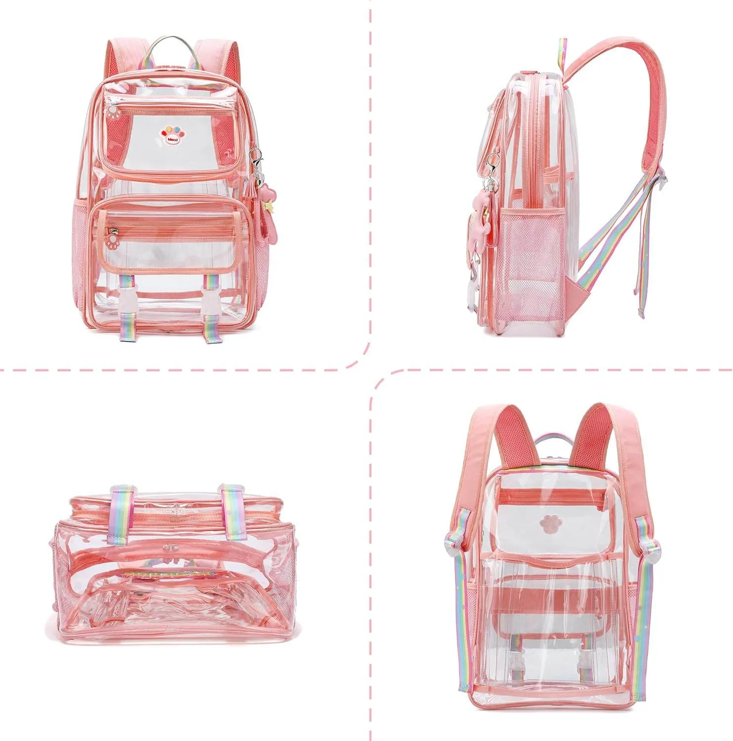 MyDepot Cute Clear Backpack, School Book Bag with Cartoon Stickers & Pendant,Waterproof and Durable PVC Material Backpack