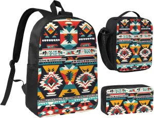 Native American Pattern print Backpack 3pcs Set Including 17 Inch Large BookBag With Lunch Bag And Practical Pen Bag