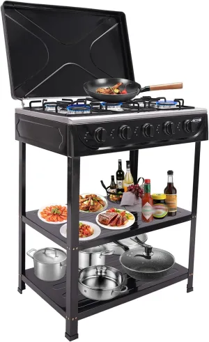 Natural Gas Stove with 5 Burners Manual Ignition Camping Stove with Support Leg Stand and Wind Blocking Cover Adapter, Stove for RV Apartment Outdoor Cooking (Black)