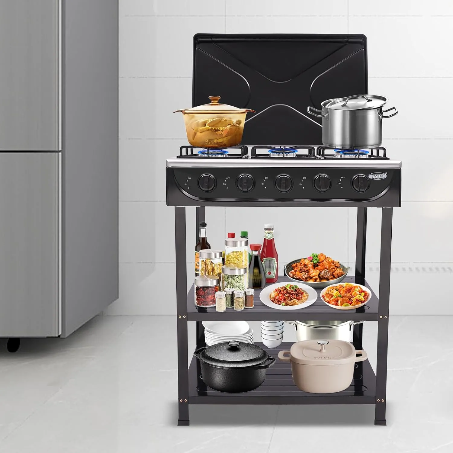 Natural Gas Stove with 5 Burners Manual Ignition Camping Stove with Support Leg Stand and Wind Blocking Cover Adapter, Stove for RV Apartment Outdoor Cooking (Black)