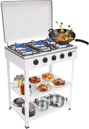 Natural Gas Stove with 5 Burners Manual Ignition Camping Stove with Support Leg Stand and Wind Blocking Cover Adapter, Stove for RV Apartment Outdoor Cooking (White)