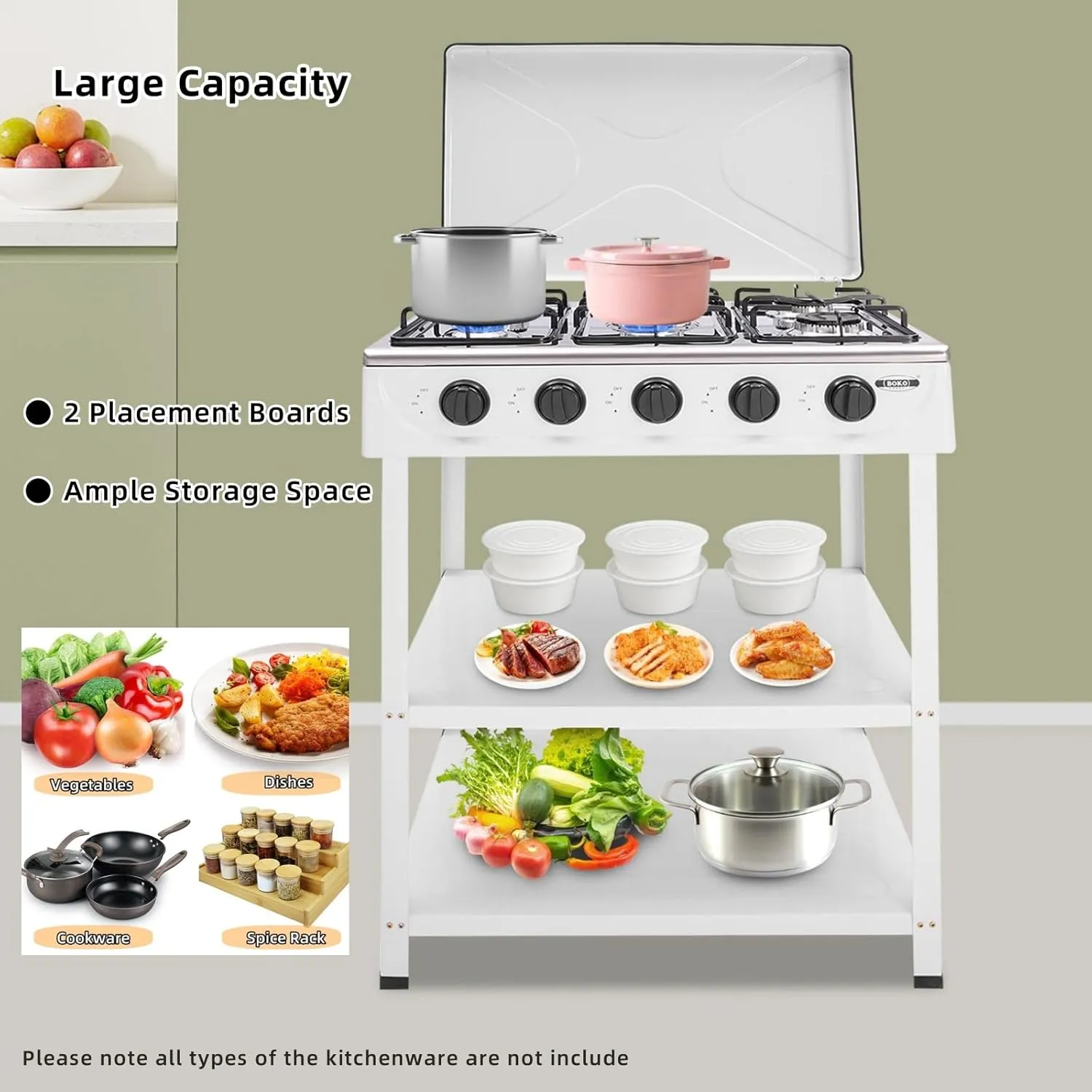 Natural Gas Stove with 5 Burners Manual Ignition Camping Stove with Support Leg Stand and Wind Blocking Cover Adapter, Stove for RV Apartment Outdoor Cooking (White)