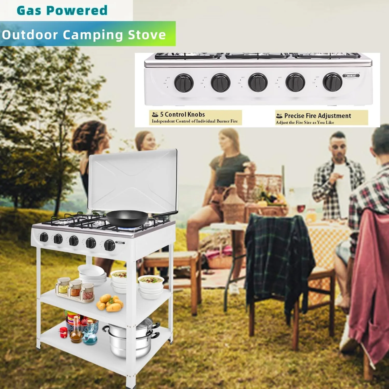Natural Gas Stove with 5 Burners Manual Ignition Camping Stove with Support Leg Stand and Wind Blocking Cover Adapter, Stove for RV Apartment Outdoor Cooking (White)