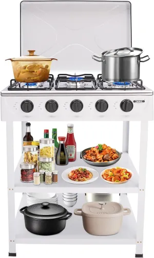 Natural Gas Stove With 5 Burners With 5 Control Knobs Support Leg Stand And Wind Blocking Cover Adapter Manual Ignition Camping Stove For Rv Apartment Outdoor Cooking (White)