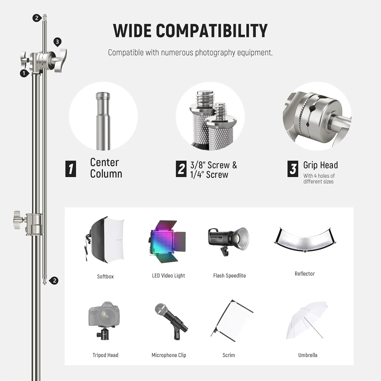 NEEWER 10.5ft Stainless Steel Heavy Duty C Stand with Boom Arm, Quick Setup Base, Thicker Center Rod Max Load 44lb/20kg, Photography Light Stand with 4.2ft Holding Arm for Monolight Softbox, SC320Q