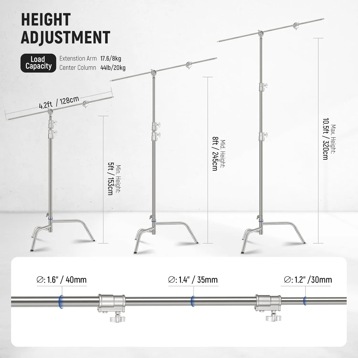 NEEWER 10.5ft Stainless Steel Heavy Duty C Stand with Boom Arm, Quick Setup Base, Thicker Center Rod Max Load 44lb/20kg, Photography Light Stand with 4.2ft Holding Arm for Monolight Softbox, SC320Q