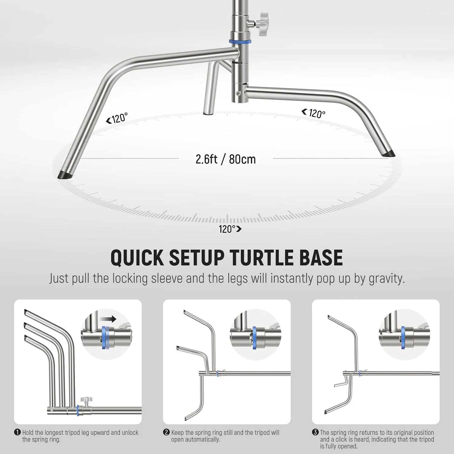 NEEWER 10.5ft Stainless Steel Heavy Duty C Stand with Boom Arm, Quick Setup Base, Thicker Center Rod Max Load 44lb/20kg, Photography Light Stand with 4.2ft Holding Arm for Monolight Softbox, SC320Q
