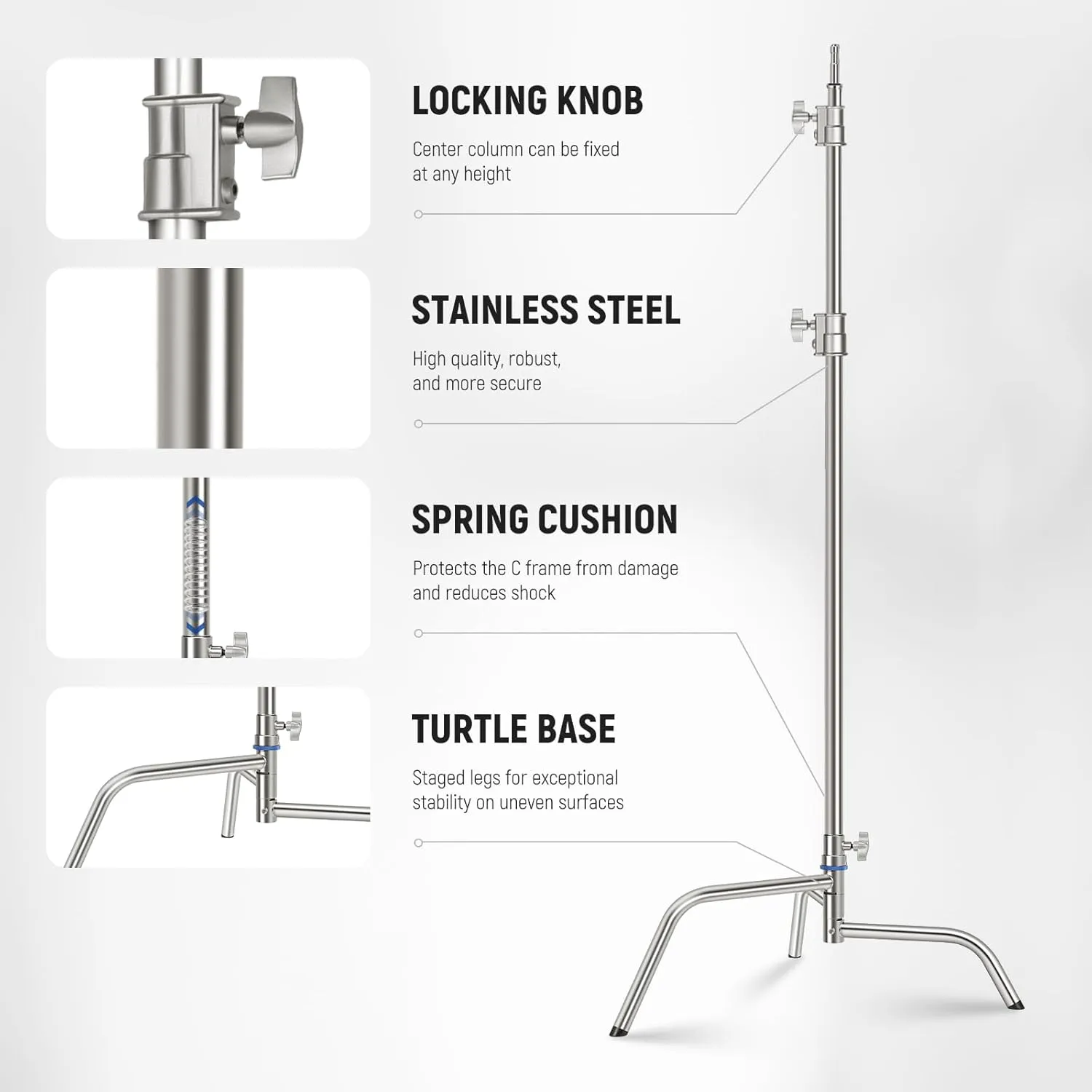 NEEWER 10.5ft Stainless Steel Heavy Duty C Stand with Boom Arm, Quick Setup Base, Thicker Center Rod Max Load 44lb/20kg, Photography Light Stand with 4.2ft Holding Arm for Monolight Softbox, SC320Q