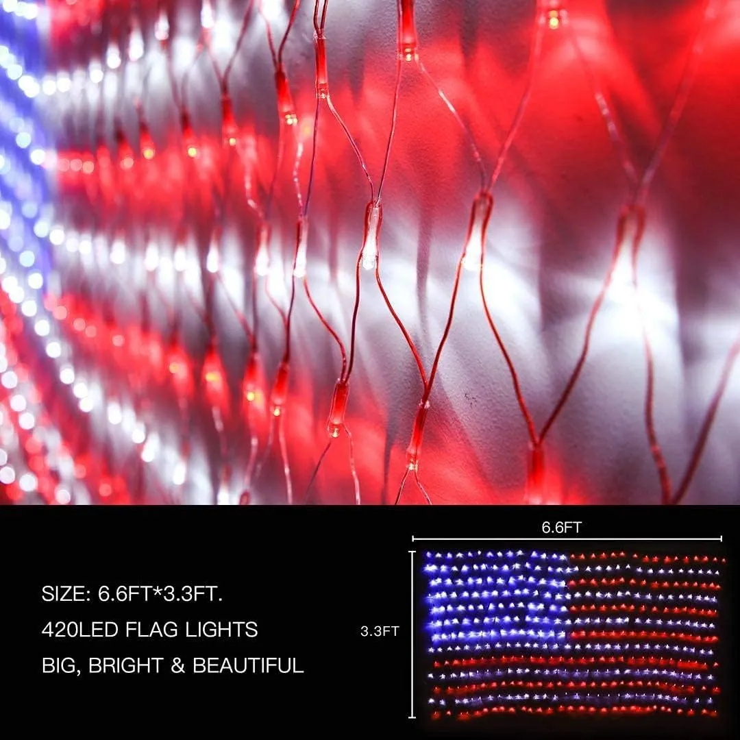 (New) American Flag Lights, Outdoor String Lights 420 LED Waterproof Led Flag Net Light Patriotic Ornaments for Outdoor Home Yard,Garden, Camping, Memorial Day, 4th of July, Christmas Decorations