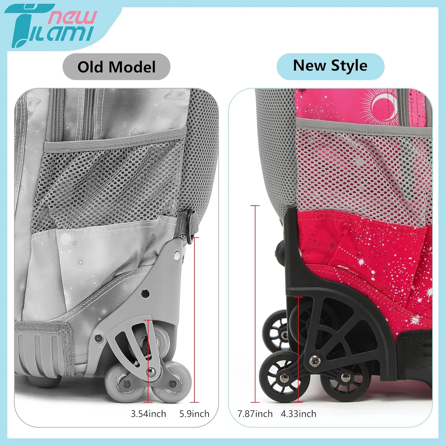 NEW TILAMI 18 inch Kids Rolling Backpack for School & Travel – Spacious, Waterproof, Adjustable Handle, Perfect for Girls & Boys, Rose Pink