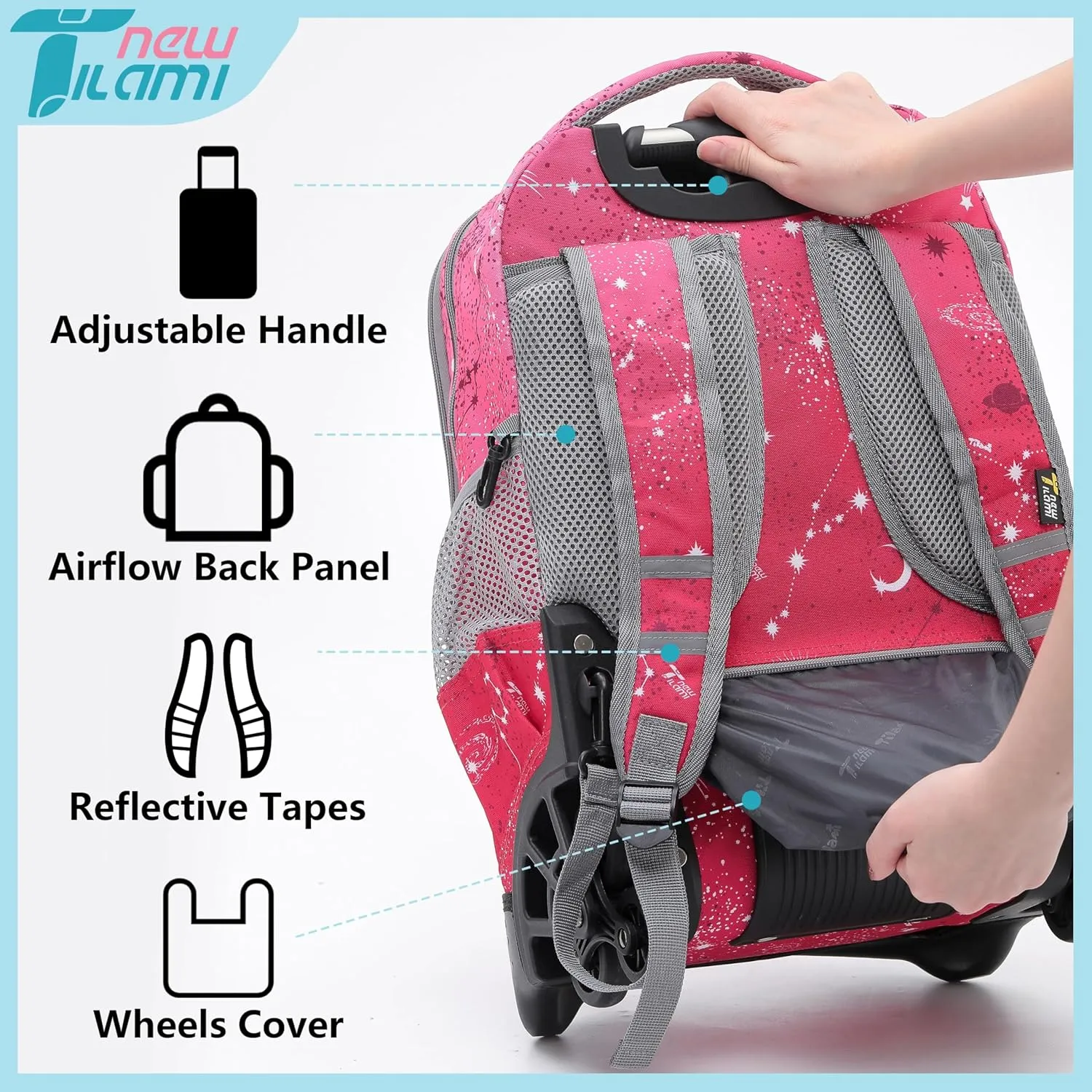 NEW TILAMI 18 inch Kids Rolling Backpack for School & Travel – Spacious, Waterproof, Adjustable Handle, Perfect for Girls & Boys, Rose Pink