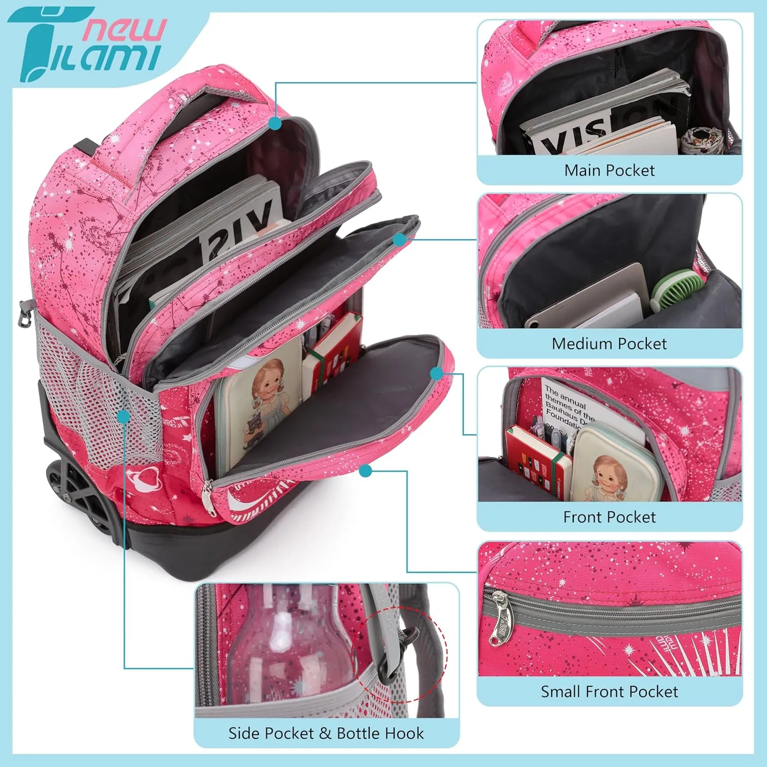 NEW TILAMI 18 inch Kids Rolling Backpack for School & Travel – Spacious, Waterproof, Adjustable Handle, Perfect for Girls & Boys, Rose Pink