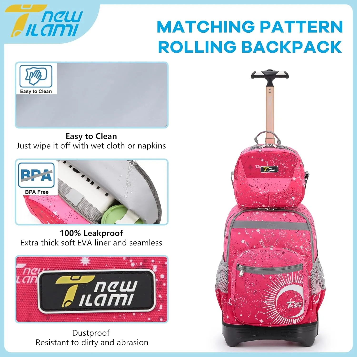 NEW TILAMI 18 inch Kids Rolling Backpack for School & Travel – Spacious, Waterproof, Adjustable Handle, Perfect for Girls & Boys, Rose Pink