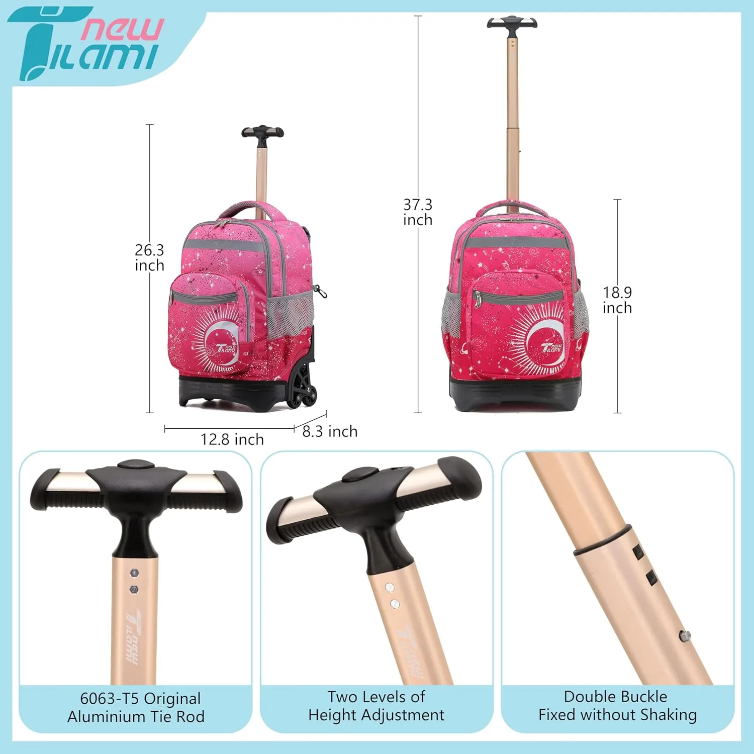 NEW TILAMI 18 inch Kids Rolling Backpack for School & Travel – Spacious, Waterproof, Adjustable Handle, Perfect for Girls & Boys, Rose Pink
