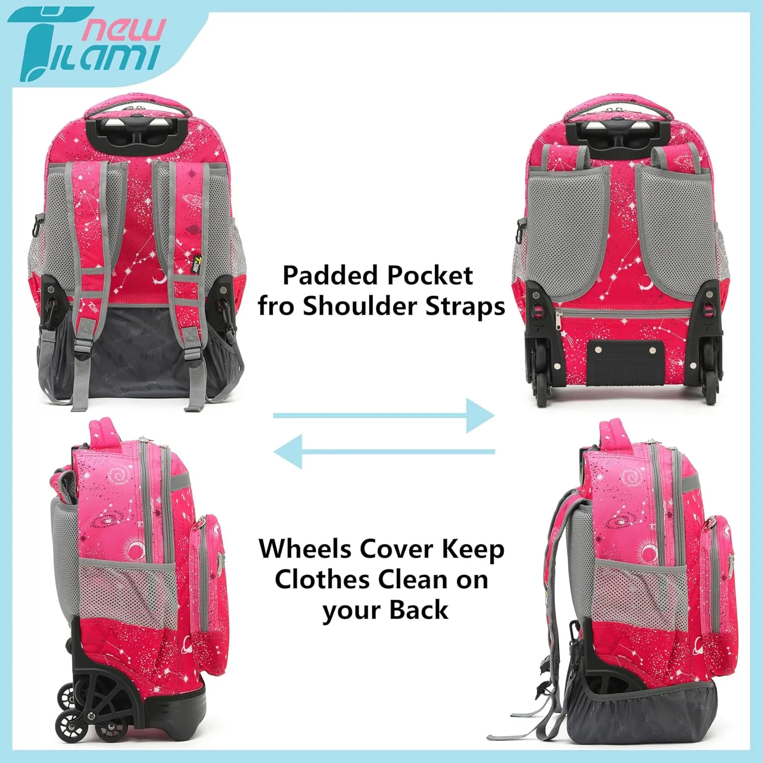 NEW TILAMI 18 inch Kids Rolling Backpack for School & Travel – Spacious, Waterproof, Adjustable Handle, Perfect for Girls & Boys, Rose Pink