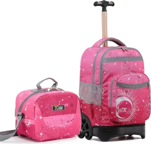 NEW TILAMI 18 inch Kids Rolling Backpack for School & Travel – Spacious, Waterproof, Adjustable Handle, Perfect for Girls & Boys, Rose Pink