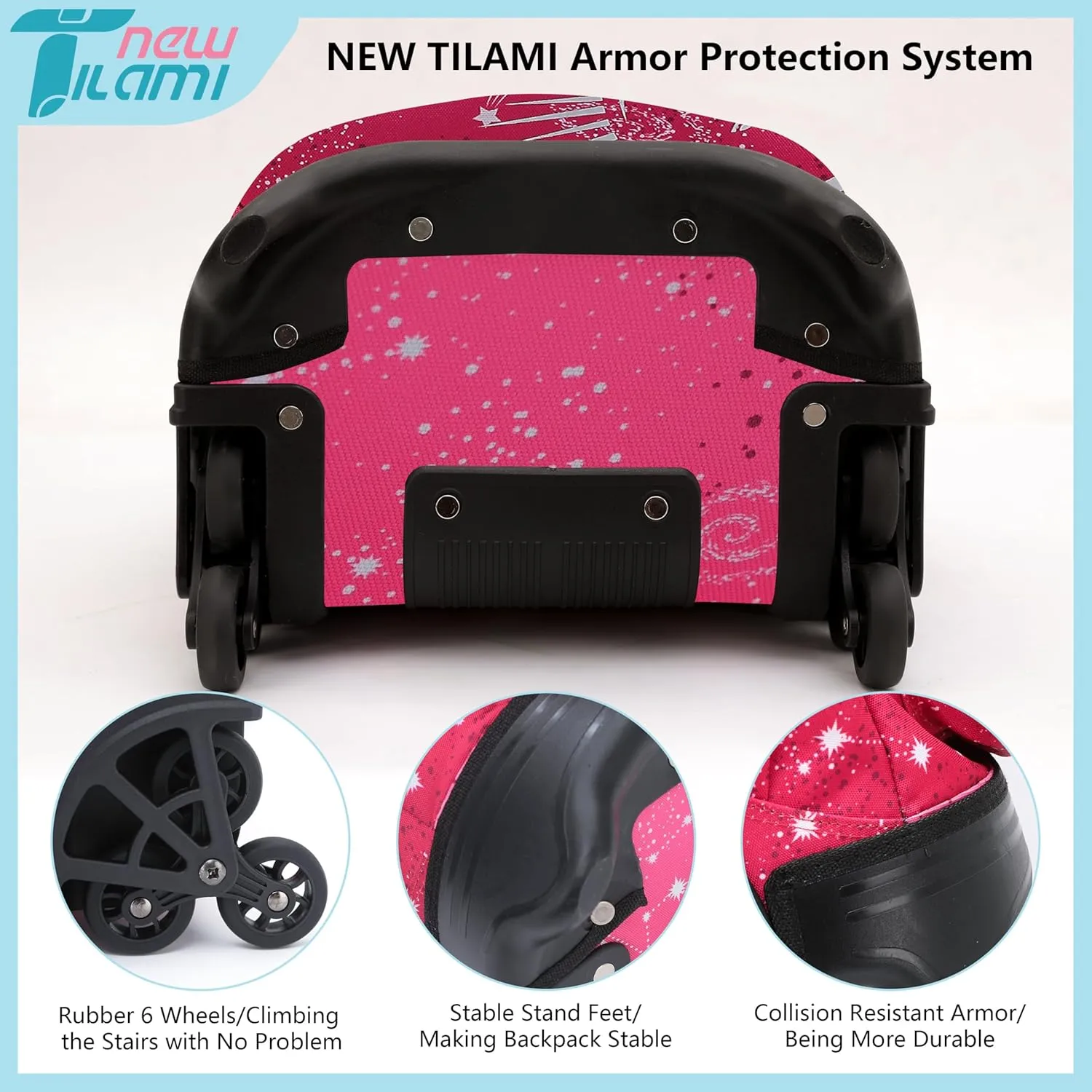 NEW TILAMI 18 inch Kids Rolling Backpack for School & Travel – Spacious, Waterproof, Adjustable Handle, Perfect for Girls & Boys, Rose Pink