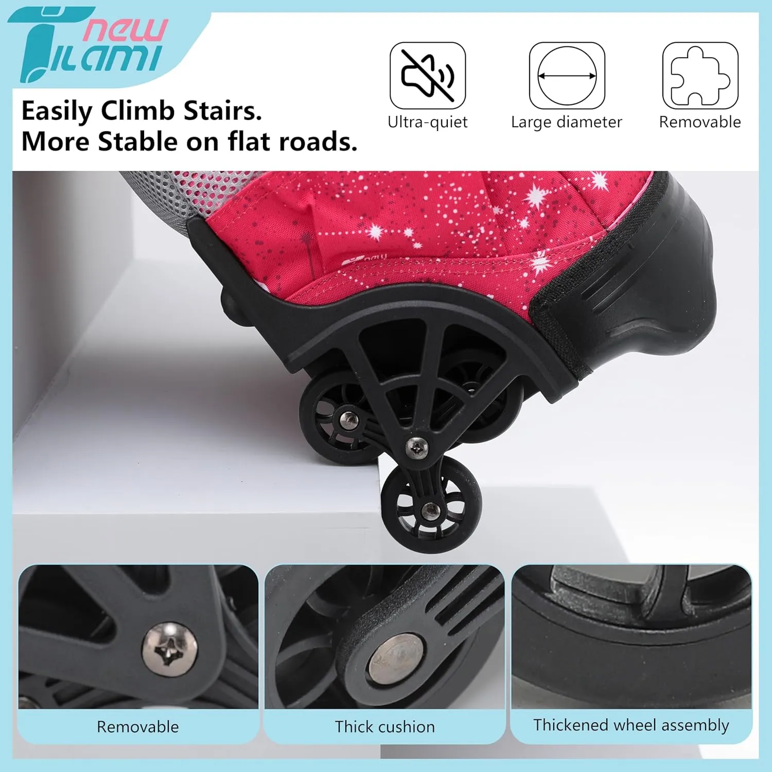 NEW TILAMI 18 inch Kids Rolling Backpack for School & Travel – Spacious, Waterproof, Adjustable Handle, Perfect for Girls & Boys, Rose Pink