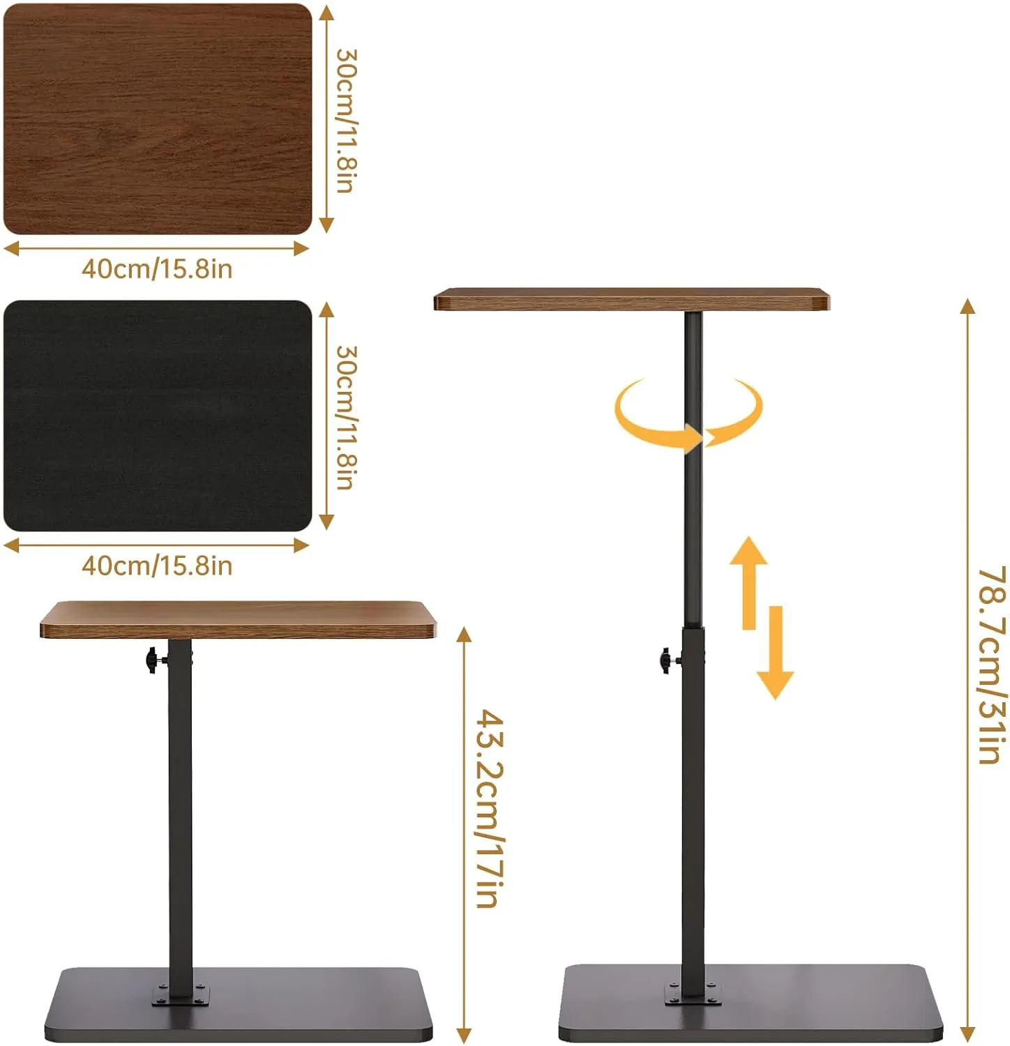 NiHome Minimalist Height Adjustable End Table, 360° Rotatable Sofa Armrest Side Tray Table, Adjustable Legs Space-Saving Couch Bedside TV Tray C-Shaped End Table Snack Table for Eating (Brown)