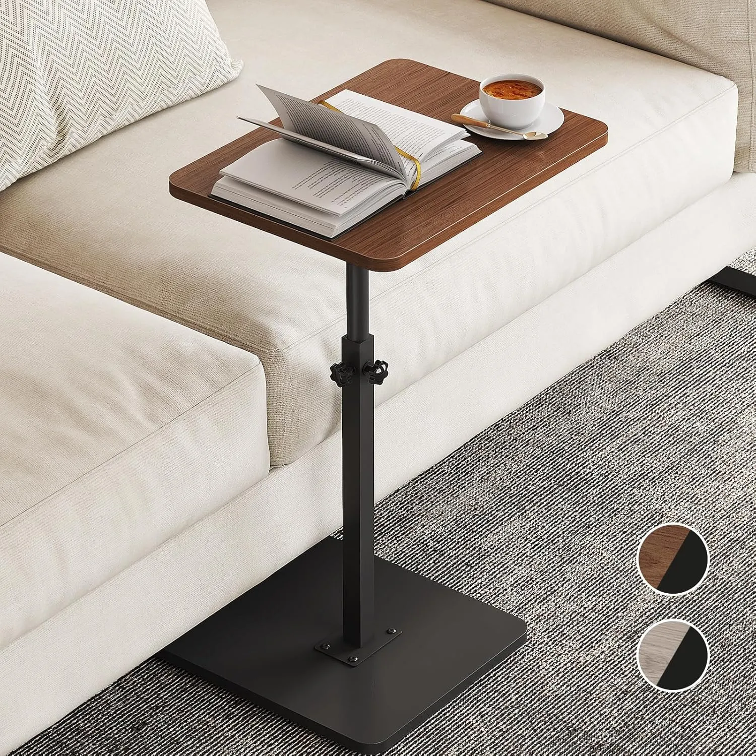 NiHome Minimalist Height Adjustable End Table, 360° Rotatable Sofa Armrest Side Tray Table, Adjustable Legs Space-Saving Couch Bedside TV Tray C-Shaped End Table Snack Table for Eating (Brown)
