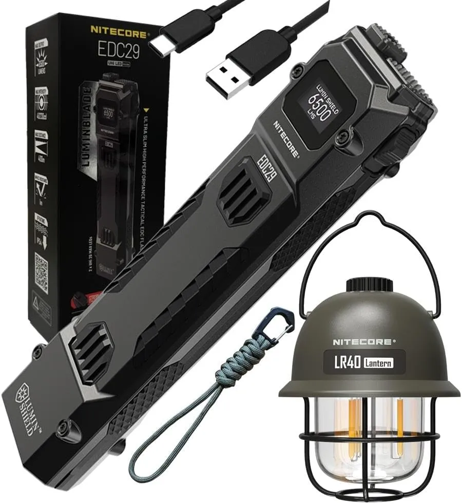 Nitecore EDC29 - LR40 Green EDC29 Rechargeable Flashlight 6500 Lumens   LR40 USB-C Lantern 100 Lumens- Green, Triple Light Modes, SOS, 65hrs Runtime, Outdoor Camping & Emergency Lighting