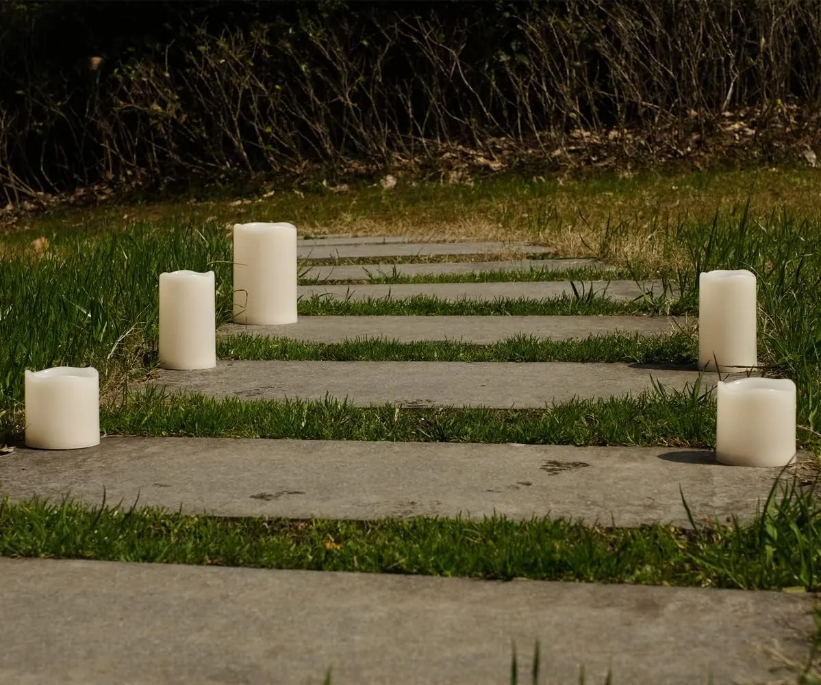 NONNO&ZGF 5 Pack Outdoor Waterproof Flameless Candles, Remote Battery Operated LED Resin Rainproof Pillar Candles (1pcs 4" x 6", 2pcs 3" x 5", 2pcs 3" x 3")