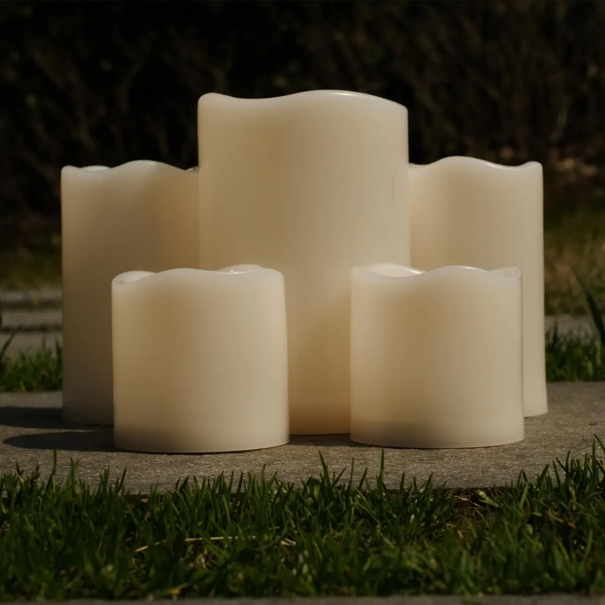 NONNO&ZGF 5 Pack Outdoor Waterproof Flameless Candles, Remote Battery Operated LED Resin Rainproof Pillar Candles (1pcs 4" x 6", 2pcs 3" x 5", 2pcs 3" x 3")