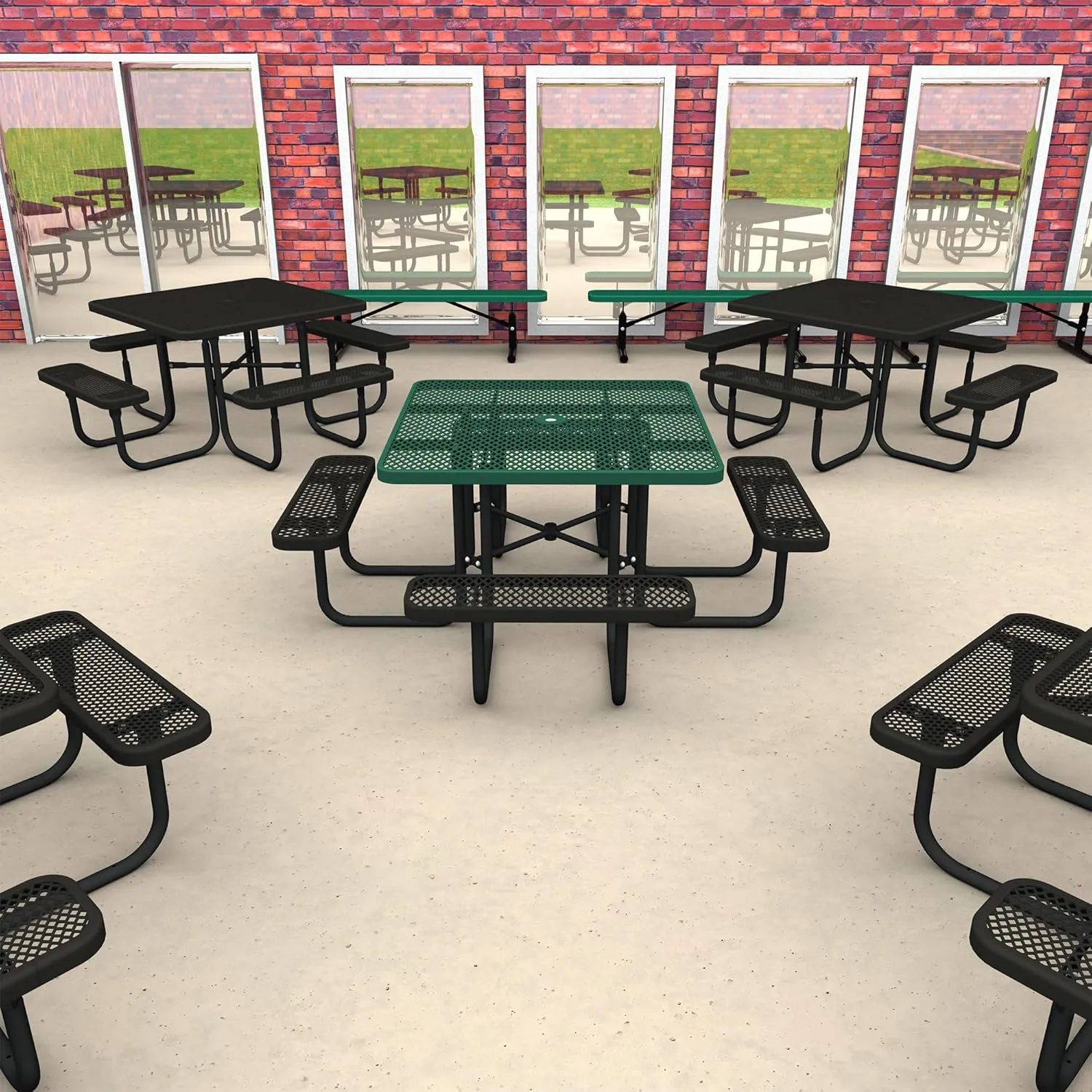 Norwood Commercial Furniture Open Air Series 46" Round Picnic Table with Benches and Umbrella Hole, Commercial-Grade Steel Portable Outdoor Picnic Table, Black