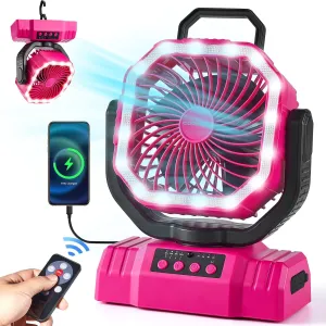 Odoland Portable Camping Fan with LED Lantern, 20000mAh Rechargeable Battery Powered Fan with Auto Oscillation, Timer, Remote, 360° Rotation Hook, 4 Speeds Tent Fan for Power Outage Travel Home, Pink