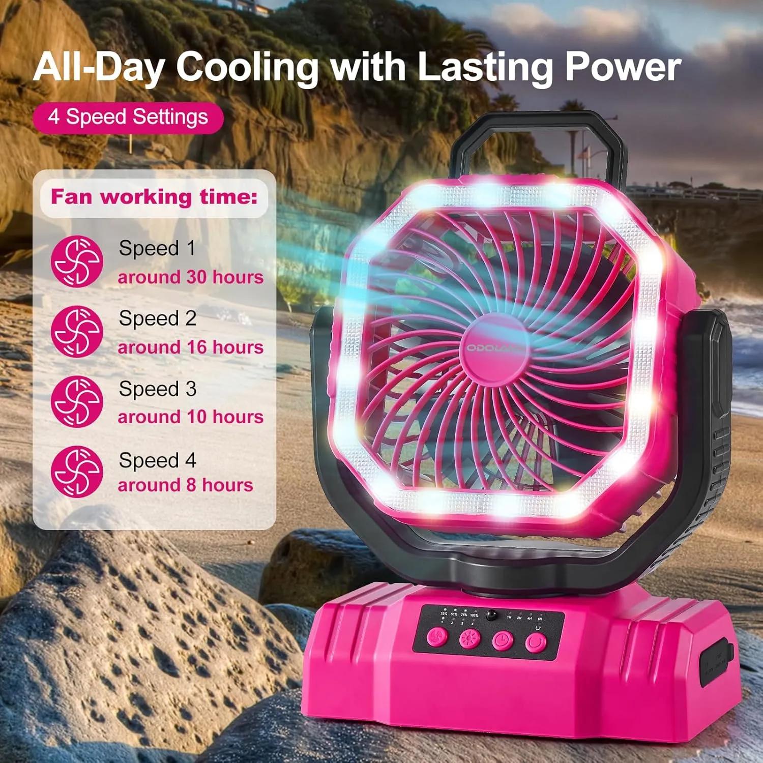 Odoland Portable Camping Fan with LED Lantern, 20000mAh Rechargeable Battery Powered Fan with Auto Oscillation, Timer, Remote, 360° Rotation Hook, 4 Speeds Tent Fan for Power Outage Travel Home, Pink