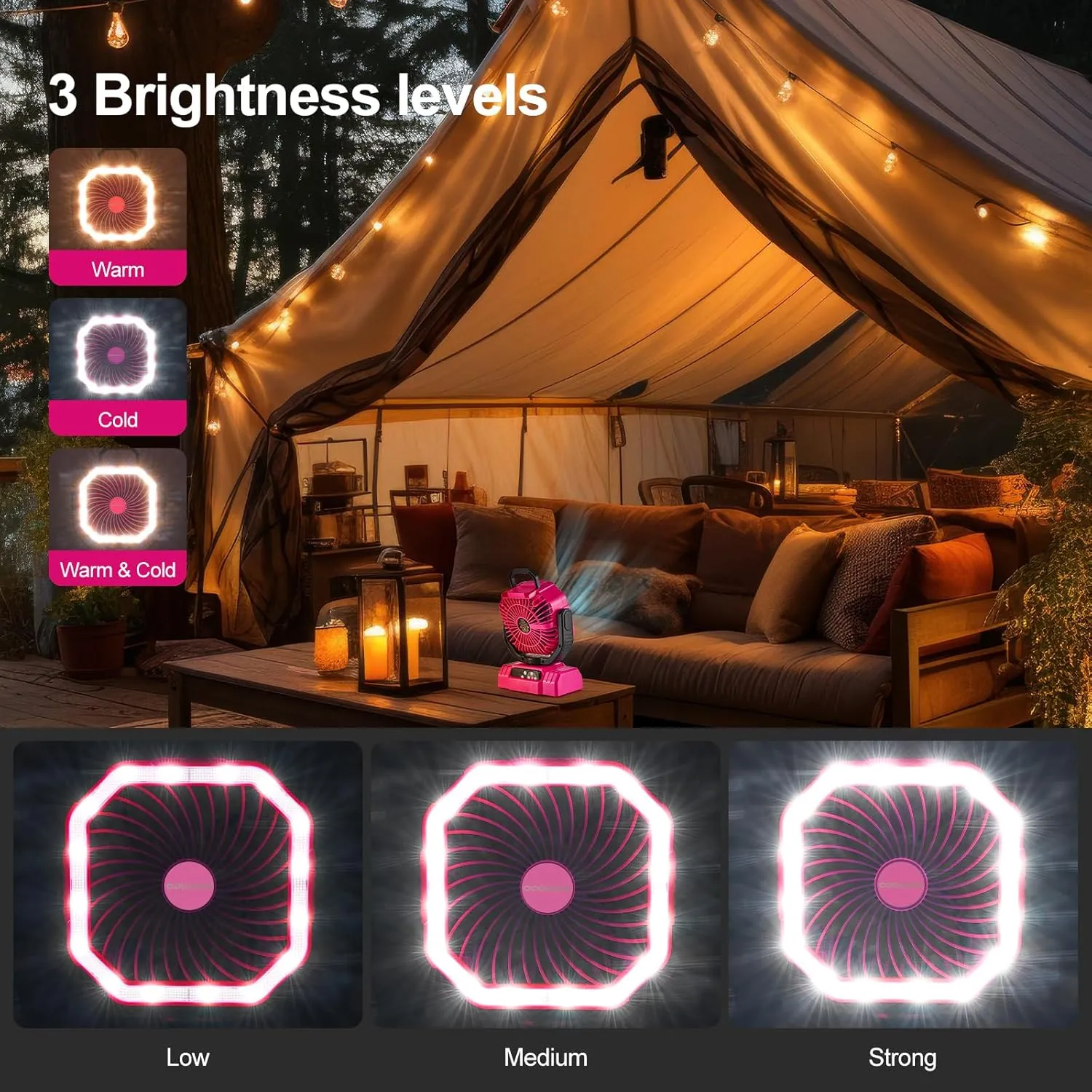 Odoland Portable Camping Fan with LED Lantern, 20000mAh Rechargeable Battery Powered Fan with Auto Oscillation, Timer, Remote, 360° Rotation Hook, 4 Speeds Tent Fan for Power Outage Travel Home, Pink