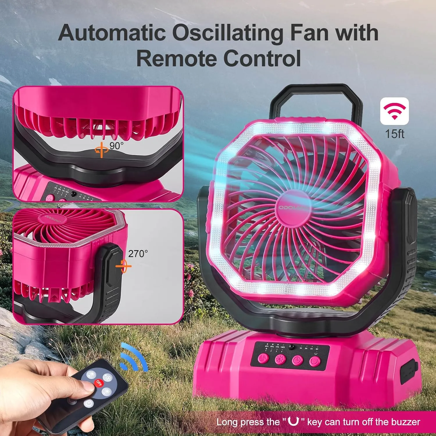 Odoland Portable Camping Fan with LED Lantern, 20000mAh Rechargeable Battery Powered Fan with Auto Oscillation, Timer, Remote, 360° Rotation Hook, 4 Speeds Tent Fan for Power Outage Travel Home, Pink