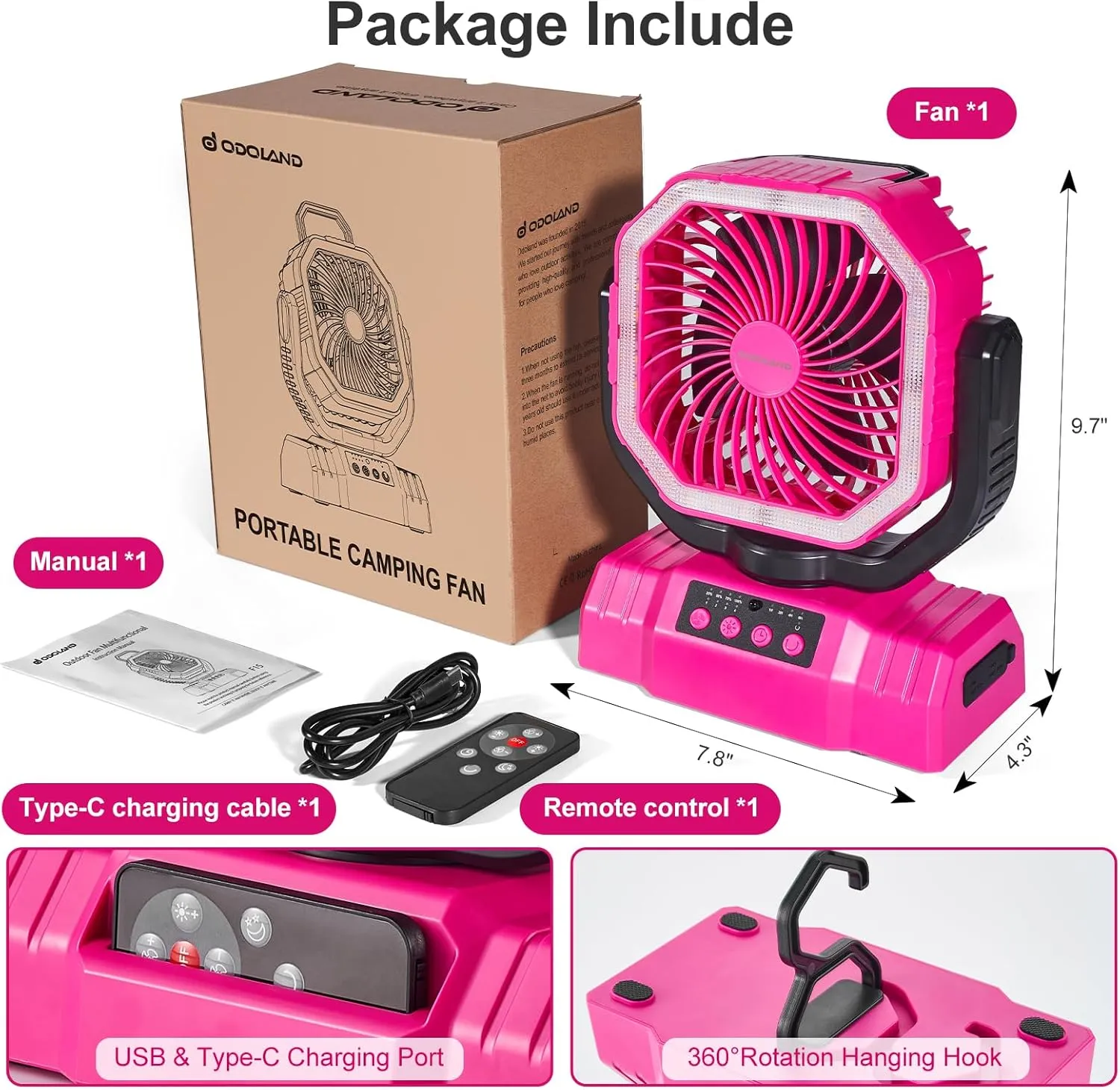 Odoland Portable Camping Fan with LED Lantern, 20000mAh Rechargeable Battery Powered Fan with Auto Oscillation, Timer, Remote, 360° Rotation Hook, 4 Speeds Tent Fan for Power Outage Travel Home, Pink