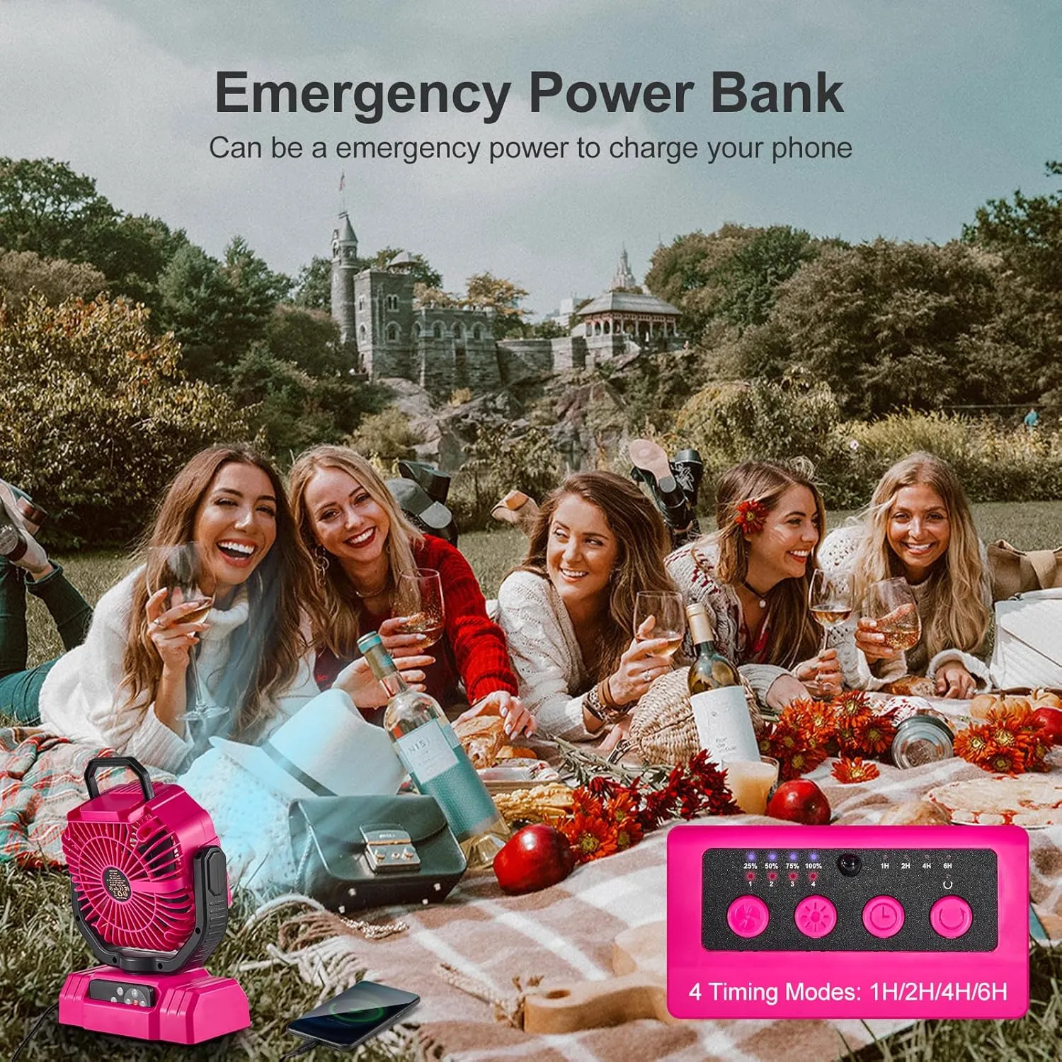 Odoland Portable Camping Fan with LED Lantern, 20000mAh Rechargeable Battery Powered Fan with Auto Oscillation, Timer, Remote, 360° Rotation Hook, 4 Speeds Tent Fan for Power Outage Travel Home, Pink